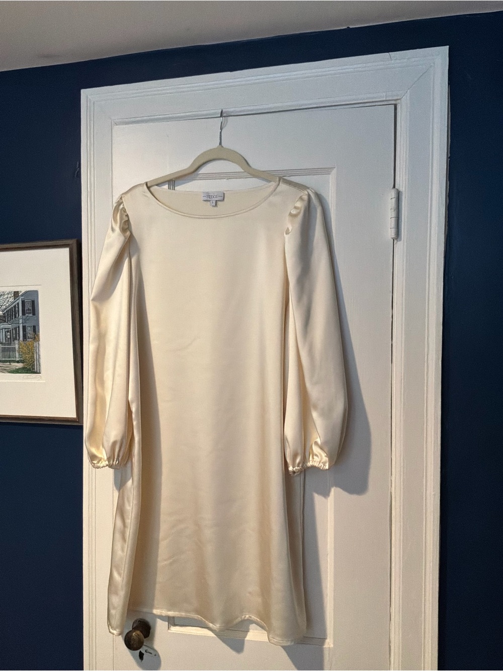 Ivory Satin Long-Sleeve Shift Dress